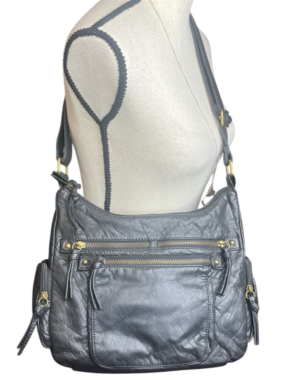 Classic Black Leather Shoulder Bag with Gold Accents